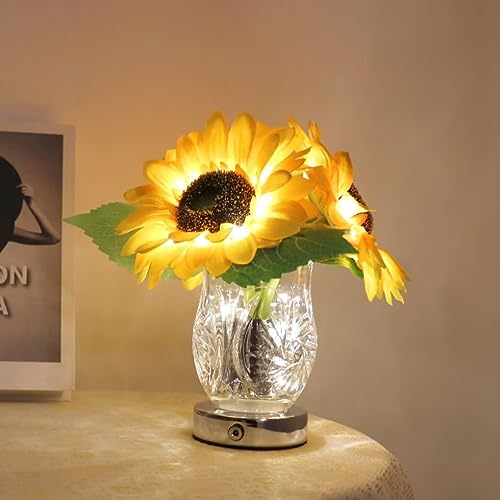 GUANSHAN Sonnenblumen Vase Tischlicht Schönes ästhetisches Glas Nachttischlicht LED kleines Nachtlicht Blume dekoratives Geschenk für Schlafzimmer, Wohnzimmer