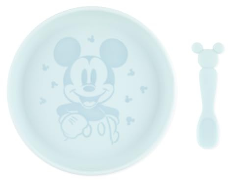 Bumkins Disney Ensemble d'assiettes et cuillères pour bébé et tout-petit, bol en silicone pour bébés et enfants, sevrage à LED, fournitures d'alimentation pour enfants, Mickey Mouse