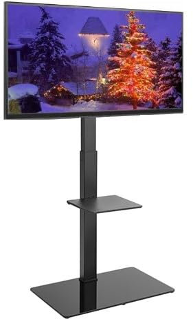Universal Floor TV Stand for 37-70 inch LED OLED LCD Plasma Flat Curved Screens, Height Adjustable Tall Swivel TV Stand with Tempered Glass Shelves up to 40KG, Max VESA 600x400mm - Black