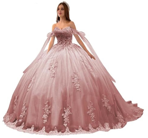 Beyonddress épaules dénudées robes de soirée princesse quinceanera robes dentelle appliques robe de bal mignon 16 robes, Vieux rose, 42