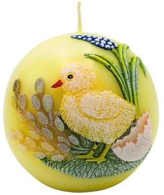 Dekohelden24 Candela di Pasqua, per pulcini, candela a sfera con applicazione in giallo delicato, dipinta a mano, Ø 8 cm, sfera