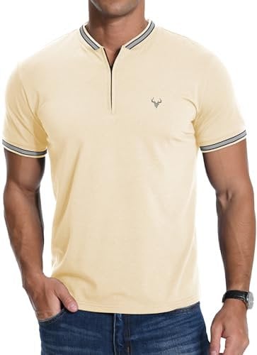MLANM Men's T-Shirt Summer Zip Henley Short Sleeve Shirt Front Deer Head Embroidery Casual Cotton Men's Tops,XXL Apricot