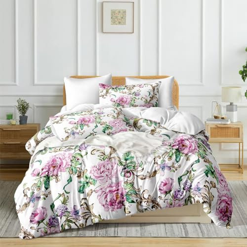 Cozaline Pink Floral Duvet Cover Set Double Peony Duvet Quilt Cover Vine Branches Leaves Rose Design Pastoral Style Comforter Cover Vintage French Country Bedding Set for Woman Girls Adult