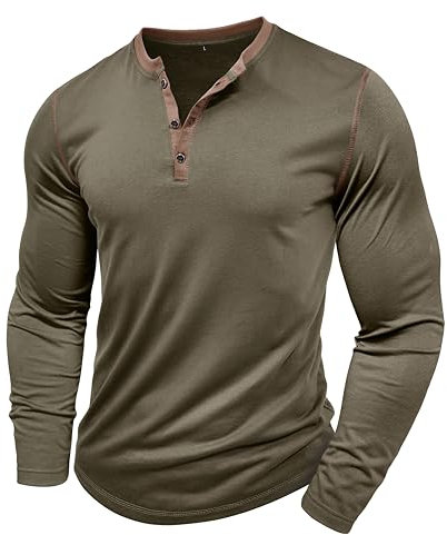 MakingDa Mens Henley Shirts Long Sleeve Button Vintage Solid Golf Regular Fit Grandad Shirt Casual Classic Soft Breathable Lightweight Workwear Gym Smart Tops Green L