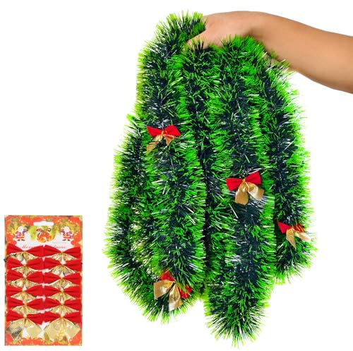 AMLOOPH Decorazione natalizia verde, 10 m di spessore, ghirlanda natalizia per decorazioni dell'albero di Natale, ghirlanda di Natale metallizzata con bordi verdi chiari e fiocchi per decorazioni per
