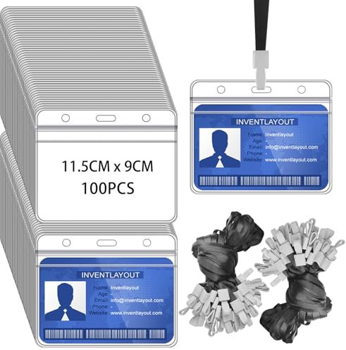 FZENeast 100 Stück Ausweishülle mit Band, Transparente Wasserdicht Horizontal Kartenhülle mit Schlüsselband für Ausstellung Büro Schule(Schwarz)