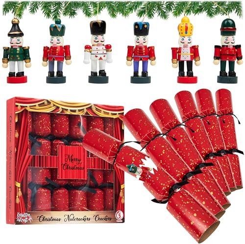 KreativeKraft Nutcracker Christmas Crackers Pack of 6 Festive Figurine Soldiers Tree Hanging Ornaments Decorative Holiday Family (Red Nutcracker)