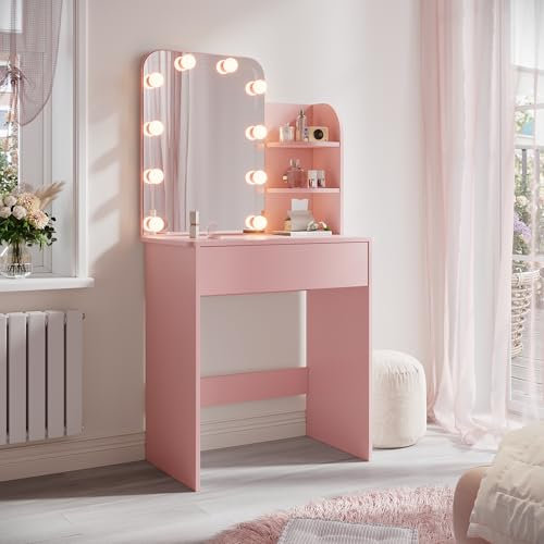 SUNXURY Schminktisch Kinder mit LED-Beleuchtung Frisiertisch mit Spiegel und Schublade für Mädchen Prinzessin Frisiertisch Frisierkommode (Rosa) 700x400x1400 mm