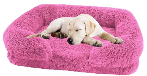 PJDDP Dog Bed with Luxury Fluffy Plush, Waterproof Dog Bed with Non Slip Bottom, Orthopedic Memory Foam Pet Bed, Washable Indestructible Dog Sofa for Small, Medium And Large Pets,pink,XXL