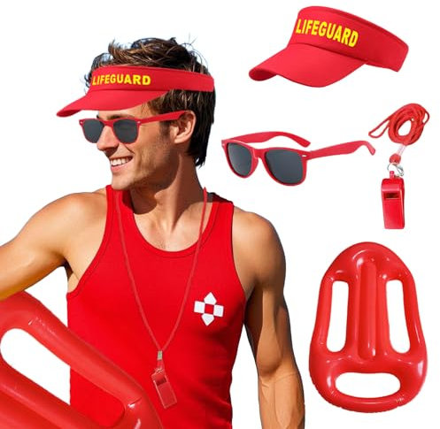 4 st Lifeguard karneval kostym röd livräddare kostym set vuxen med visir justerbar solskydd hatt solglasögon sportrör boj livboj livbomaster för karneval halloween