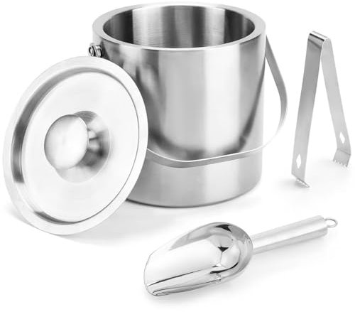 Portable Ice Granule Bucket 3 Liter Double-Wall Ice Bucket with Lid,Scoop,Tongs- Inner Layer 304 Stainless Steel Ice Container Keep Ice Frozen Longer- Ideal for Cocktail Bar,Parties,Chilling Beer Wine