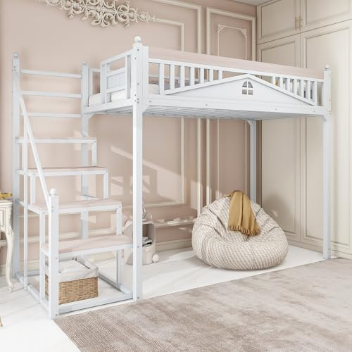 MOBETTRES Cama alta de metal de 90 x 200 cm, valla de seguridad única con diseño de ventana, escaleras intercambiables a izquierda y derecha, escalera de seguridad para almacenamiento