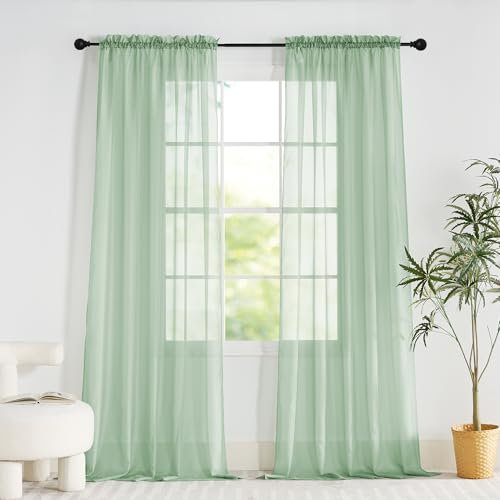 PONY DANCE Sage Green Window Net Curtains 60x90 Inches - Slot Top Super Soft Voile Curtains Light Filtering Semi Transparent Sheer Panels for Bedroom/Living Room/Kitchen Privacy Protection, 2 Panels