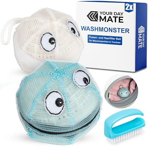 WASHMONSTER Haarfänger für Waschmaschine, Wäschetrockner, 2 Sets, Blau und Weiss, Haarfilter für Tierhaare, Menschenhaare, Flusensieb Fusseln, Ø 106 mm Waschball mit Wäscheperlen, Waschkugel Haarsieb