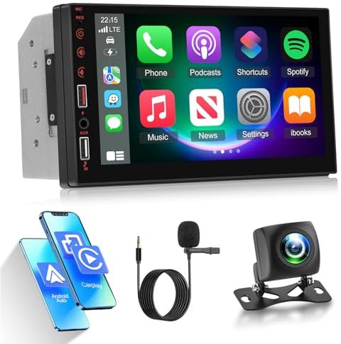 2 Din Autoradio mit Kabellosem Carplay und Android Auto – 7 Zoll IPS Touchscreen Autoradio mit EQ, Mirror Link, Bluetooth, FM Radio, AUX/USB Anschluss, SWC + AHD Rückfahrkamera + Mikrofon