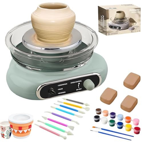 Mini-Töpferscheibe,200R/min Elektrisch Töpferscheiben,12cm Drehteller Tonmaschine mit 8 Stück Bildhauerwerkzeugen,Stufenlose Geschwindigkeitsanpassung für DIY Bastelprojekte für Kinder und Erwachsene