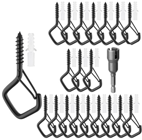 WUBAYI 20 ganchos de rosca de rombos – Ganchos de metal negro para colgar plantas, luces de hadas, comederos de pájaros y decoración de Navidad | con hebilla de seguridad