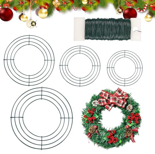 4 Pcs Metalldraht Kranzrahmen mit Grünem Blumendraht, 20/25/30/35cm Runddraht Girlandenringe zum Basteln, Ringbasis zum Kranzbasteln Für Weihnachten, Halloween, Thanksgiving, Neujahr, Hochzeit, Party