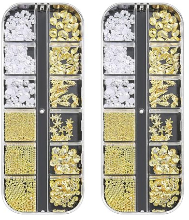 JIHUOO 2 Boxen 3D Sommer Nagel Charms Nieten Muschel Seestern Nageldesign Charms Muschel Seepferdchen Nagel Charms Ozean Thema Nageldesigns mit Nail Art Kleine Goldperlen und Perlen Nagelzubehör