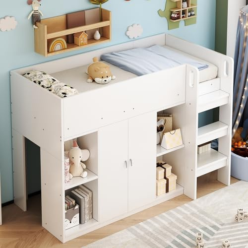 Merax Hochbett für Kinder, 90 x 200 cm, mit Schrank, Regalen und Leiter, robuster Holzrahmen, große Aufbewahrung unter dem Bett, platzsparendes Design, Weiß (ohne Matratze)
