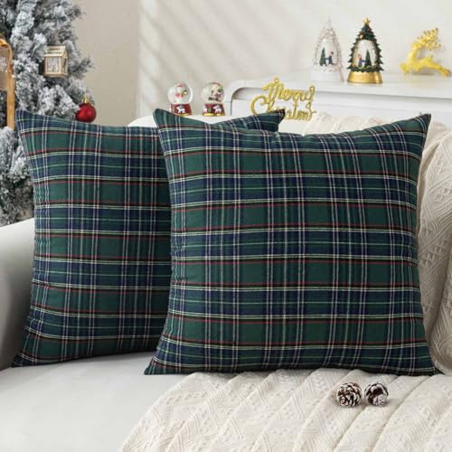 Jayusaror Kissenbezug 45x45 Weihnachten Kissen Kissenhülle Grün Kariert Weihnachtskissenbezüge Plaid Schottischen Tartan Kopfkissenbezug Weihnachts Kissenbezüge für Sofa Wohnzimmer 2er Set
