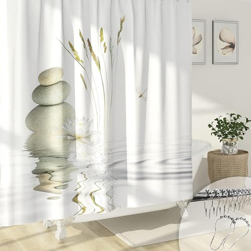 PUOJIEAT Duschvorhang 180x200 Spa, Duschvorhang Anti-schimmel Kieselsteine 3D Duschvorhänge Waschbar für Badezimmer Badewannen mit 12 Ringe 8187-FG
