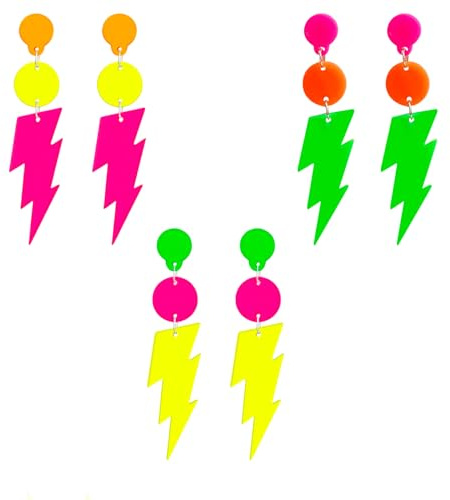 YOKJGHDO ﻿3 Paar 80er 90er Jahre Blitz Bolzen Ohrringe Retro Neon Ohrringe Damen 80er Jahre Ohrring Frauen 8x2cm Vintage Ohrring Für Mottoparty Kostüm Party Maskerade Frau Mädchen