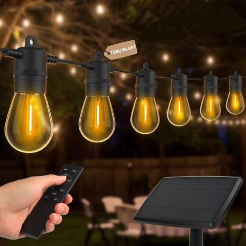 AVANLO Lichterkette Außen Solar, 49FT/15M Solarlichterkette Outdoor | 3 Modi, 15+1 Glühbirnen Warmweiß, IP44 Wasserdicht Solar String Lights für Garten, Balkon, Hochzeiten, Party