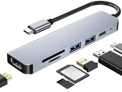 Hub USB C 6 en 1 con HDMI 4K, Adaptador Multipuerto mit PD 100W | Docking Station con Puertos USB 3.0/2.0, Lector de Tarjetas SD/TF, Hub Adaptador Tipo C de Aluminio para MacBook Pro/Air iPad