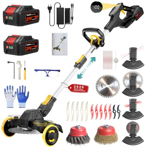 Decespugliatore a Batteria, Tagliaerba a Batteria 21V, 4 tipi di lame Decespugliatore con Spazzola per Erbacce, 2 Batterie da 2,0Ah, Motore senza Spazzole da 900W per Prato, Giardino, Cortile (Nero)