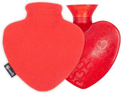 Red Heart Shaped Hot Water Bottle with 100% Wool Cover, Fashy 0.7L