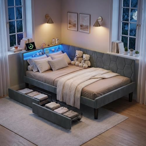 DULRLLY Tagesbett Schlafsofa 140x200 mit LED und Ladestation, Polsterbett Doppelbett mit 2 Schubladens, Jugendbett 140x200 mit Gepolsterte Rückenlehne, Kinderbett Gästebett Daybett, Samtstoff