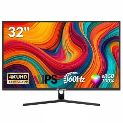 CRUA Monitor 32 4K UHD 3840×2160 60 Hz IPS Nero Lastra Plate 4K UHD,IPS,60Hz,300 CD/m²,1000:1,2 HDMI 2.0,DP 1.4,VESA 75×75,Regolabile Altezza,Inclinazione,PIP PBP,ufficio, telelavoro | Desktop Telelavoro Gaming Montaggio Video Ritocco Foto FreeSync HDMI DP VESA Filtro Luce Blu Compatibile PS5 Xbox