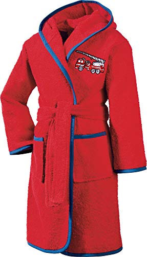 Erwin Müller Kinder-Bademantel mit Kapuze Frottier rot Größe 134/140 - saugstark, langlebig, angenehm weich, mit Taschen und Bindegürtel, Stickerei Feuerwehr (weitere Größen)