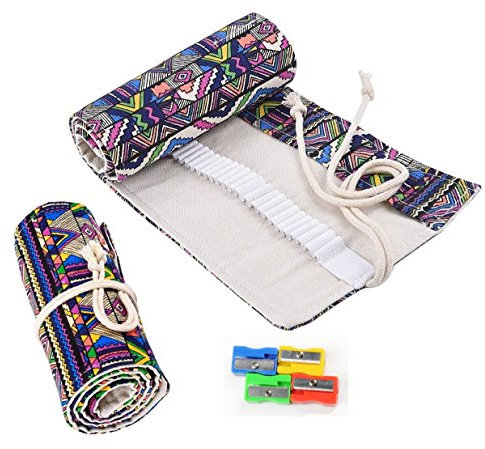 Raylinedo Stifte-Rolle mit 36 Löchern, Rolle zum Aufwickeln, Federmäppchen, Stift-Halter, Tasche aus Segeltuch, 48 Holes