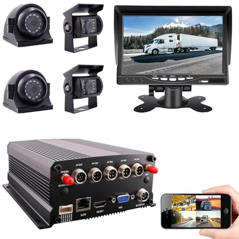 JOINLGO 4 Channel GPS WiFi 1080P AHD HDD Mobile Vehicle Car DVR MDVR Video Recorder Kit Real-time Remote View on PC Phone with 4 1080P Side Rear View IR Car Cameras 7 inches Car Monitor for Truck Bus
