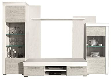 Froschkönig24 Burnley 2 Wohnwand Anbauwand Wohnzimmer Betonoptik/Kiefer Weiß