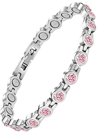 JEROOT Bracciale magnetico con pietra di cristallo rosa, Braccialetto Magnetico da Donna in Acciaio Inossidabile, Regolabile con strumento di rimozione