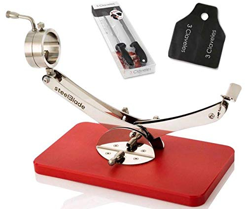 Hidalgo Soporte JAMONERO INOX con Base de Polietileno Rojo + Set Cuchillo JAMÓN Y CHAIRA 3 CLAVELES +Regalo Cubre JAMÓN.