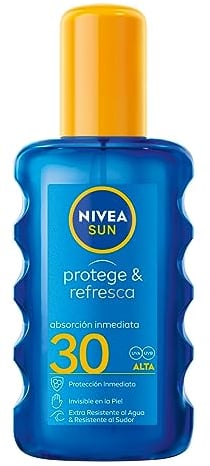 NIVEA SUN Protege & Refresca Spray Solar FP30 (1 x 200 ml), spray con protección UVA/UVB, protección solar alta invisible, crema solar refrescante y resistente al agua