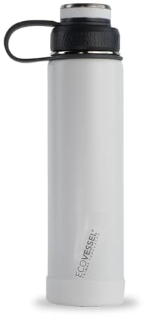 EcoVessel Stainless Steel Water Bottle with Insulated Dual Lid, Insulated Water Bottle with Strainer and Silicone Bottle Bumper, Coffee Mug – 24oz (White Out)