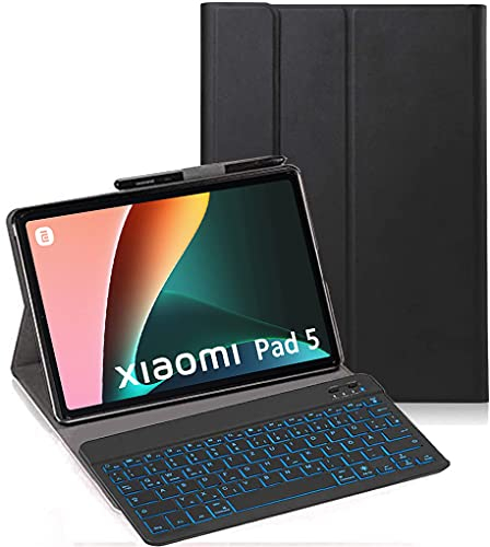 YHFZR Tastatur Hülle für Xiaomi Mi Pad 5/5 Pro 11 Zoll, [Deutsches QWERTZ] Ultraslim Hülle mit 7 Farben Beleuchtung Kabellose Tastatur mit Schützhülle für Xiaomi Mi Pad 5/5 Pro 11 Zoll, Schwarz