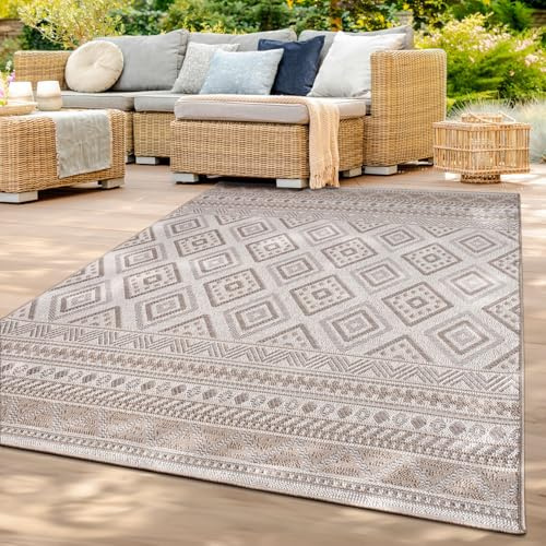 TT Home In-& Outdoor Teppich Wetterfest Balkon Küche Wohnzimmer Boho Rauten Design, Farbe: Beige 2, Größe:200 cm Rund