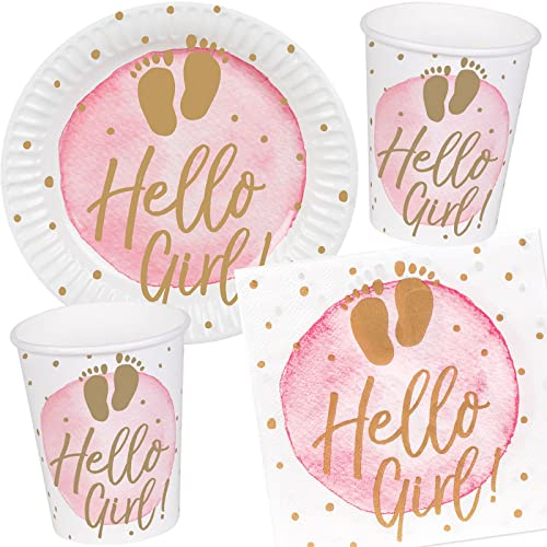 Carpeta 52-TLG. Party-Set * Hello Girl * für Geburt & Baby Shower | Teller + Becher + Servietten + Deko | Baby Girl Mädchen Pink