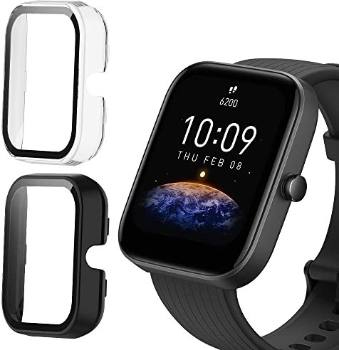 KeeFos Coque Compatible avec Amazfit Bip 3, 9H Anti-Rayures avec Verre Trempé 2 Pièces, PC Matériel Coque, Cover pour Amazfit Bip 3(Noir+Transparent)