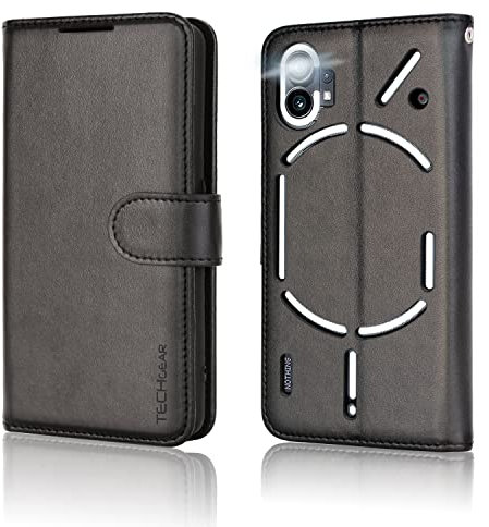 TECHGEAR Étui Portefeuille en Cuir Nothing Phone 1, Housse de Protection à Rabat avec Porte-Carte Portefeuille, Support et dragonne - Cuir PU Noir avec Fermeture magnétique conçu pour Nothing Phone 1