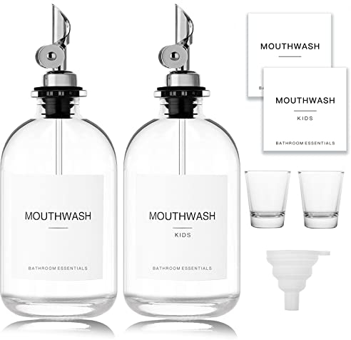 Glas-Mundspülspender für Badezimmer (2 Stück) – Mundspülbehälter mit 304 Edelstahl-Ausguss und minimalistischen Etiketten, stilvolle Flasche für die Badezimmer-Organisation, 360 ml