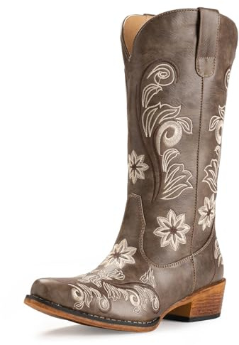 Stivali da cowboy per le donne a punta punta stivali occidentali da donna stivali da cowgirl stivali a metà polpaccio, Beige, 39 EU
