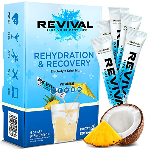 Revival Rapid Rehydration, Electrolytes Powder - High Strength Vitamin C, B1, B3, B5, B12 Supplement Sachet Drink, Effervescent Electrolyte Hydration Tablets - 6 Pack Pina Colada