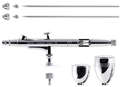 Gaahleri Airbrush Kit, Airbrush Gun Dual-Action Gravity 1/2 & 1/4 oz Fluid Cup, 0.35 & 0.5 mm Needle, Cost-Effective Air Brush Set Makeup Nail Art Painting Model Coloring Cake Decor Silver